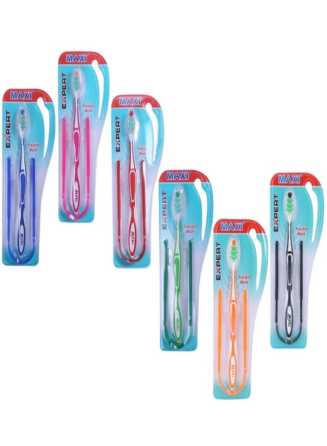 MAXI Expert Soft Bristles Toothbrush with Dual action Tongue Cleaner - Oral Hygiene Kit, Perfect combo for Family, Multicolor (Pack of 6) - Image 1